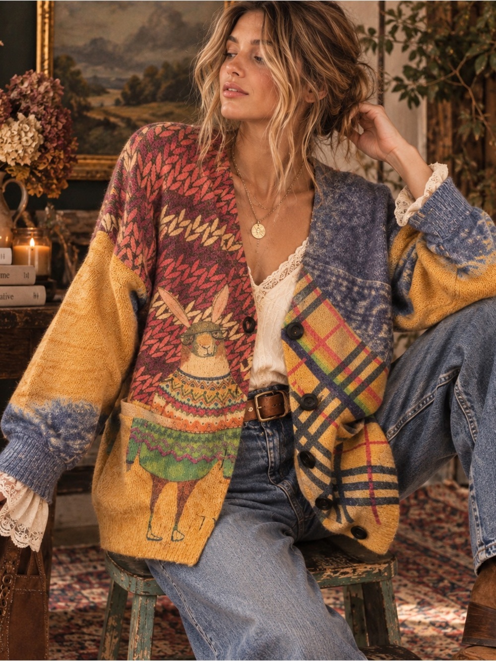 Boutique Whimsical Fall Plaid Patchwork Bunny Cardigan Sweater Size L Mustard